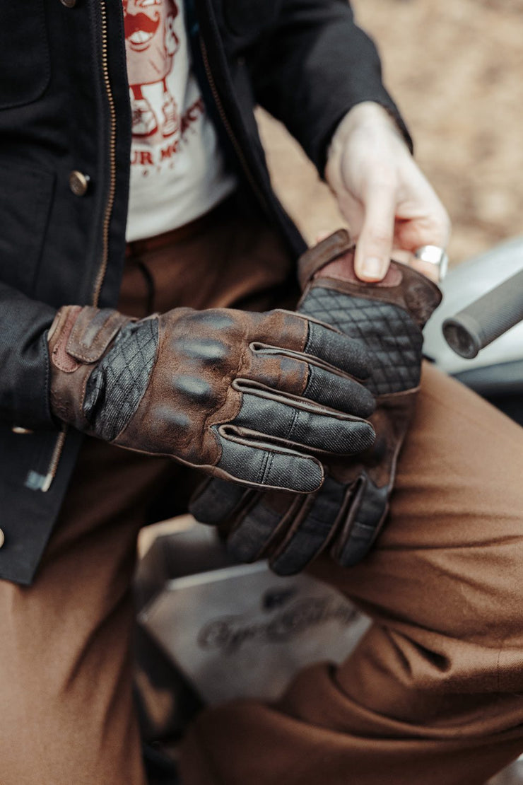 AGE OF GLORY SHIFTER GLOVES - BROWN LEATHER & DENIM